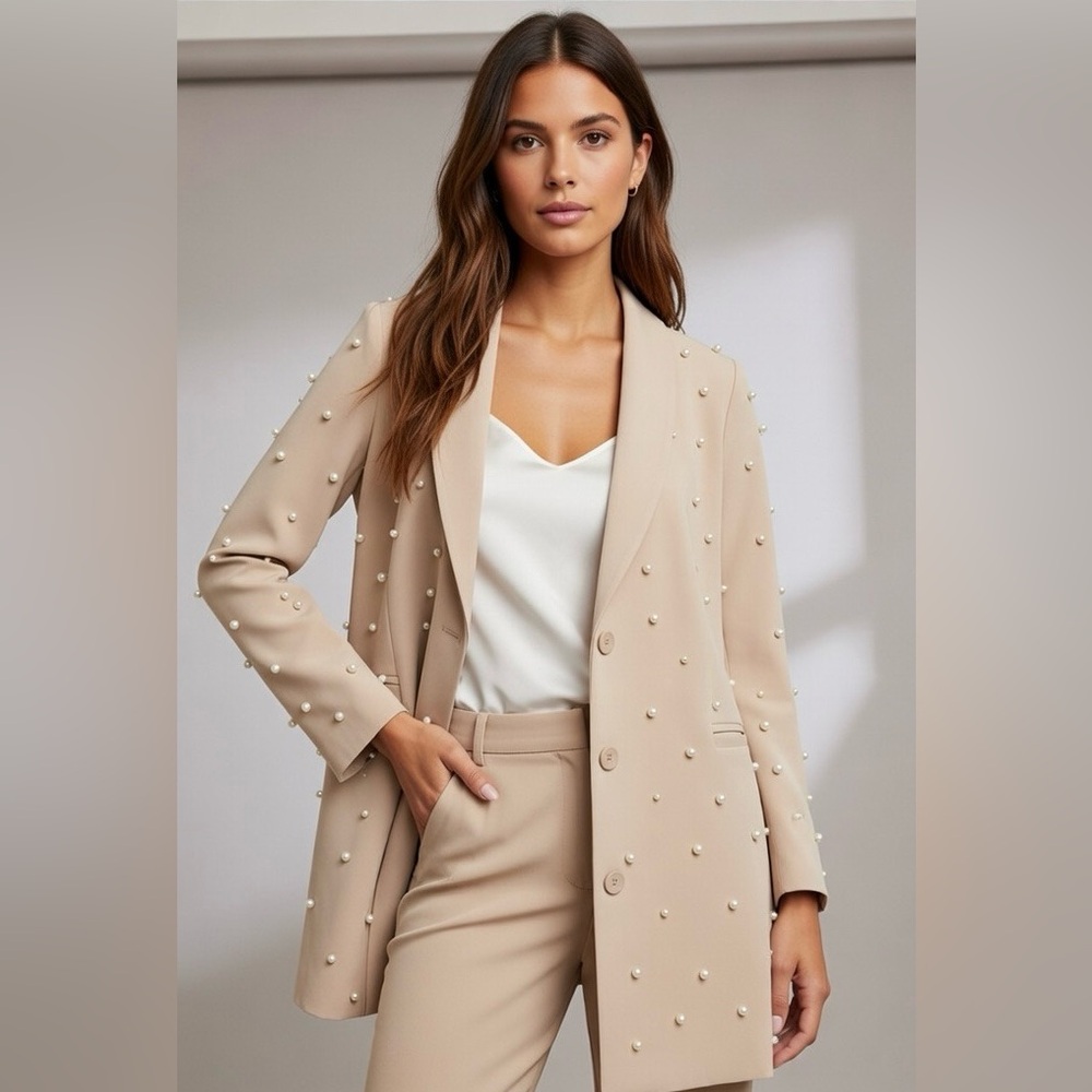 Saint Genies Elegant Pearl-Embellished Women's Blazer- Blazer Dress Tan Size 6